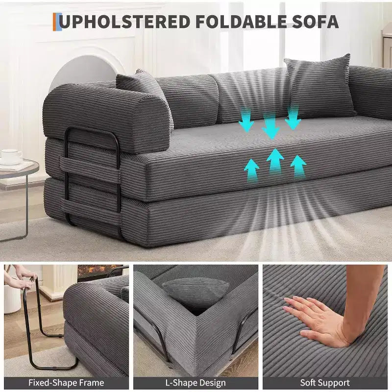 Rozkładana sofa 2 w 1, wygodna składana kanapa sztruksowa z głębokim siedziskiem i szerokimi podłokietnikami, sofa bezstelażowa, do salonu, mieszkań