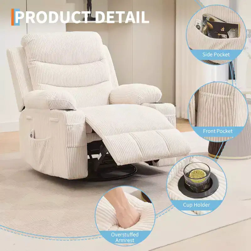 Obrotowy fotel bujany z funkcją masażu i podgrzewaniem, fotel typu glider 360° z uchwytami na kubki i bocznymi kieszeniami, ergonomiczna sofa wypoczynkowa do salonu, kampera, pokoju dziecięcego