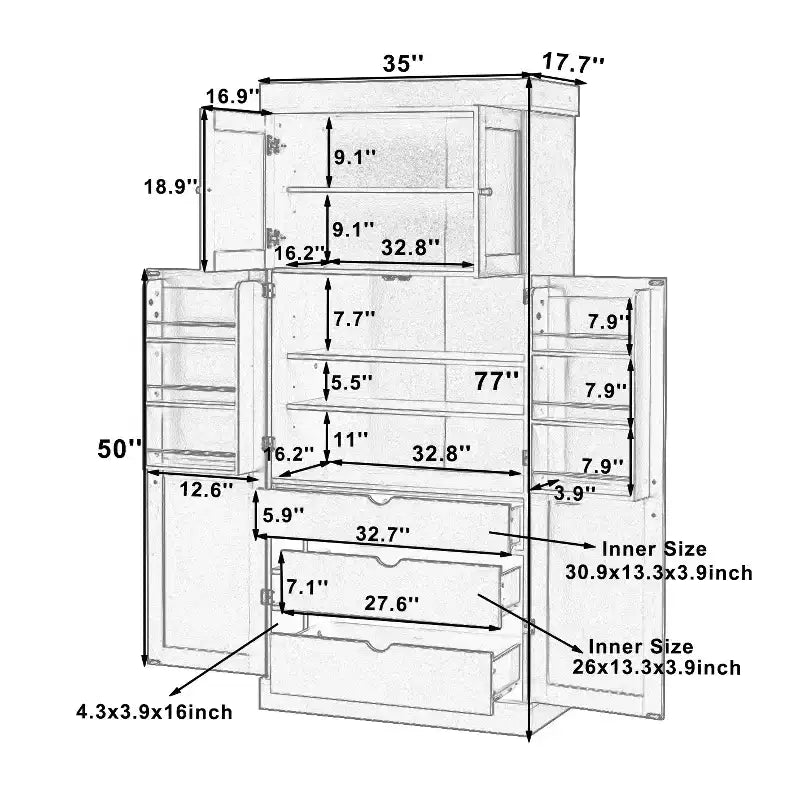 Freistehender 77-Zoll-Küchenschrank, Aufbewahrungsschrank im Landhausstil mit verstellbaren Regalböden, Türablagen, Schubladen und Weinregalen – ModernLuxe