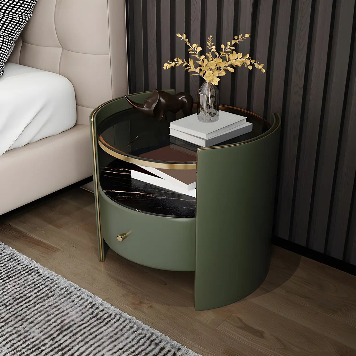 Luxury Glass Top Nightstand with Drawer Storage and Open Cubby