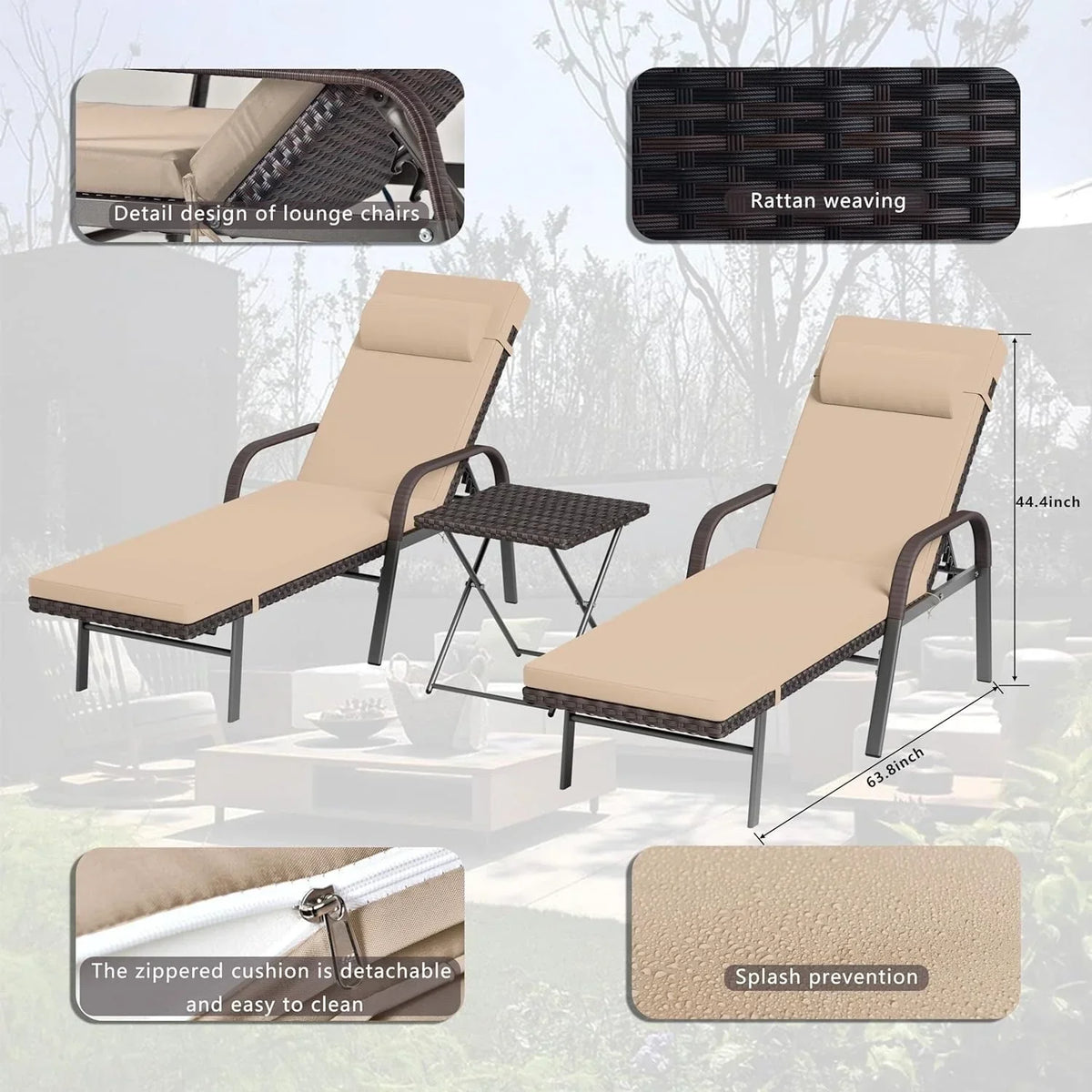 3-elementowy zestaw ogrodowych leżanek typu chaise longue Kullavik