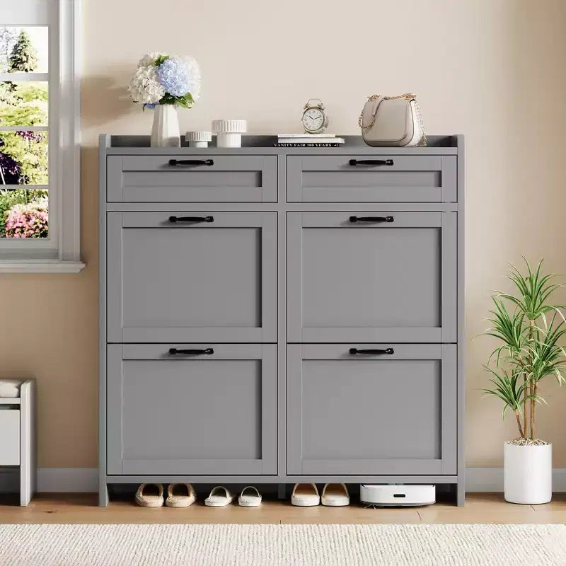 Schuhschrank mit 4 Klappschubladen und 2 oberen Schubladen, hölzerner Schuhorganizer-Schrank mit verstellbarem Regal, freistehende Schuhaufbewahrungsschränke