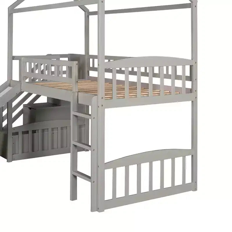 Hochbett in Hausform für zwei Personen mit Rutsche und Treppe, Hochbett mit Stauraumschubladen, Holzhütten-Hochbett für Kinder und Kleinkinder