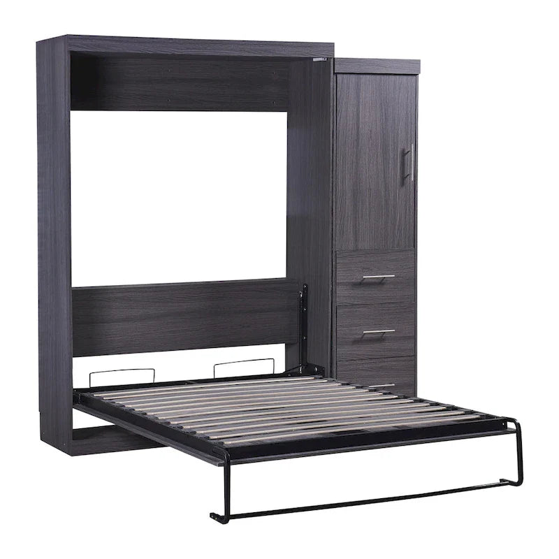 Lit escamotable pliable gris avec armoire et 3 tiroirs, deux places/une place, pour 1 personne