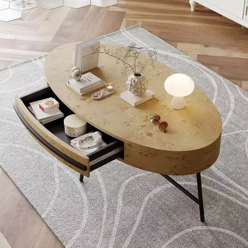 Stolik kawowy owalny Acekool z szufladą, drewniany stolik z miejscem do przechowywania 47,2" ze skrzyżowanymi metalowymi nogami, stolik centralny w stylu mid-century modern w kolorze naturalnym i złotego wierzbowca