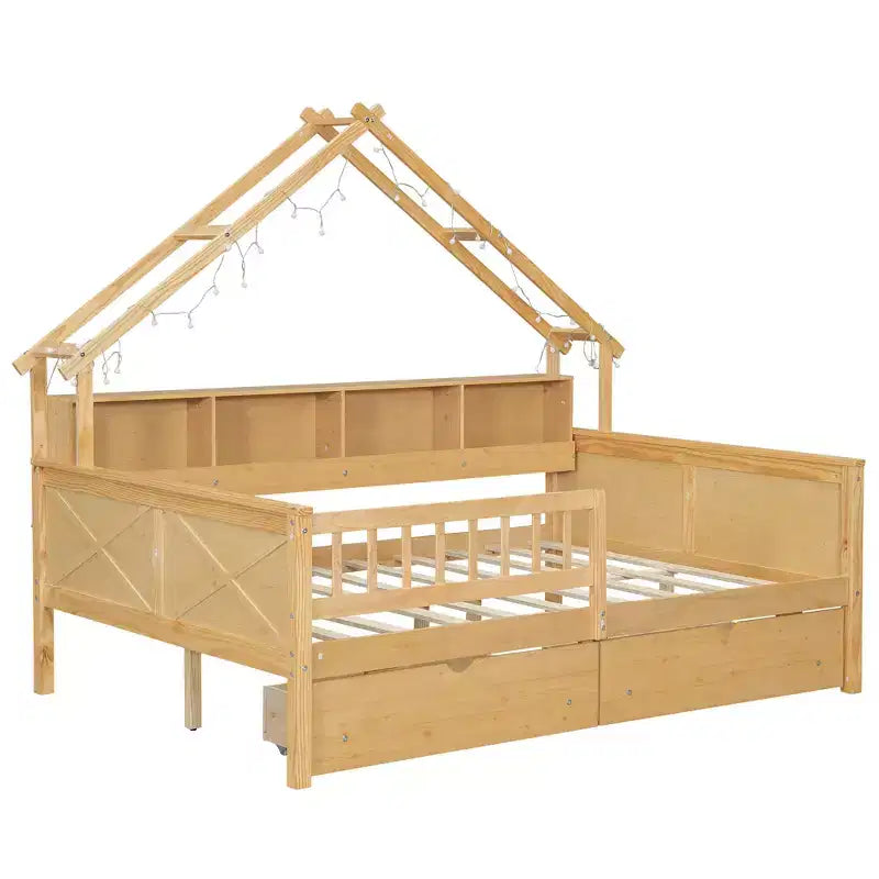Huisbedframe voor een tweepersoonsbed met laden, huisplatformbed met ledverlichting, opbergplanken en laden, houten dagbed met dak en veiligheidshekje