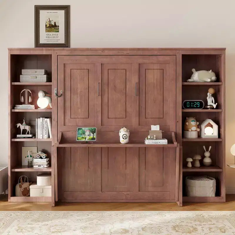 Łóżko składane (Murphy Bed) w rozmiarze Full/Queen, oszczędzające miejsce łóżko ścienne z biurkiem i regałem, ciemny brąz - ModernLuxe