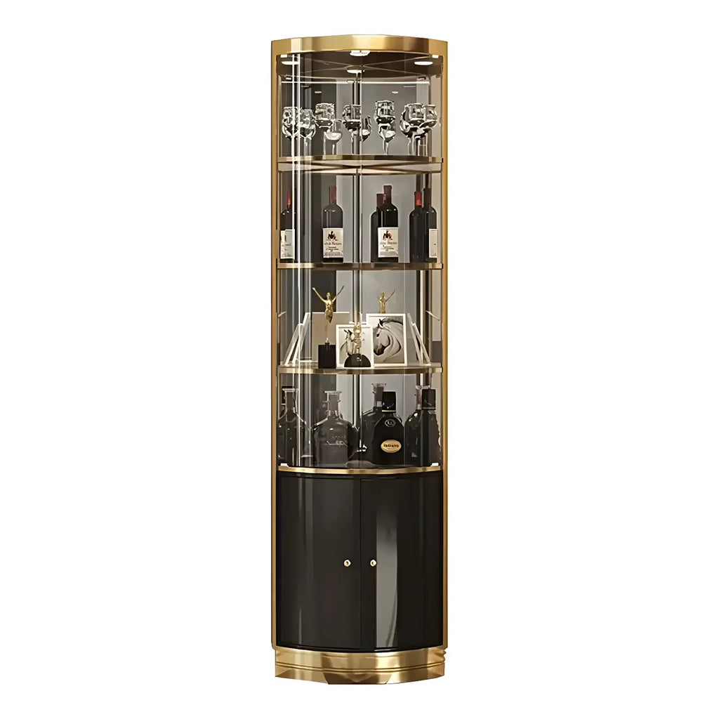 Glamouröser, glänzender Vitrinenschrank aus Glas und goldfarbenem Metall mit abgerundeter Ecke