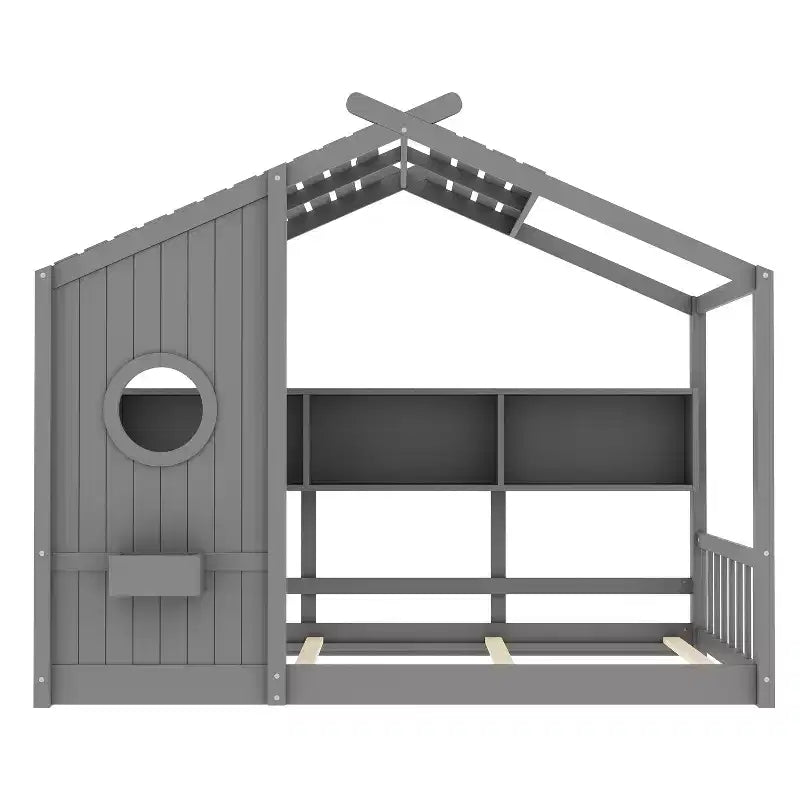 Hausbett mit Plattformrahmen in Twin-/Full-Size, Kleinkind-Bodenbett, Montessori-Kinderbett und Spielhausbett mit Ablage – ModernLuxe