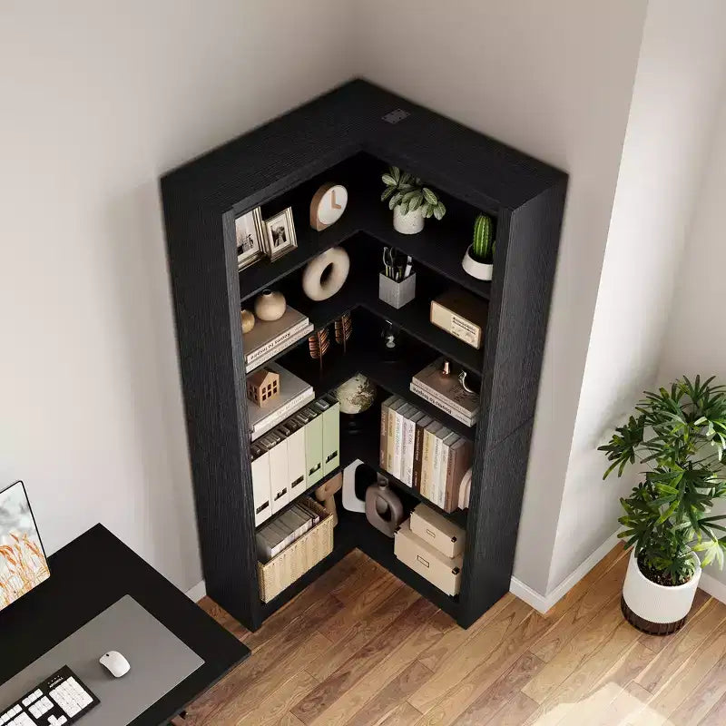 Schwarz/Weiß/Holz/Retro, L-förmiges Eckbücherregal, 5 Ebenen, Einzelstück