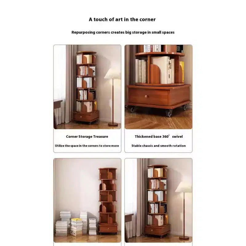 Chic Crate smalle hoekboekenkast met 6 niveaus, 360° draaibaar en voorzien van wielen, voor kleine ruimtes, walnootbruin
