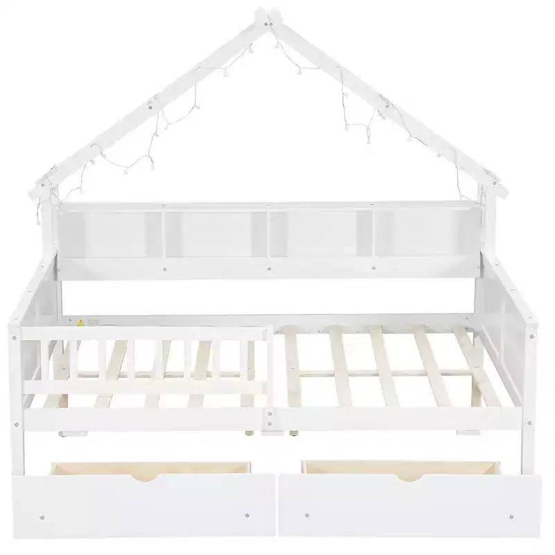 Huisbedframe voor een tweepersoonsbed met laden, huisplatformbed met ledverlichting, opbergplanken en laden, houten dagbed met dak en veiligheidshekje
