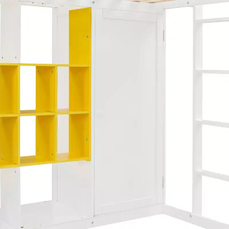 Kinderhoogslaper met kledingkast en planken, houten hoogslaperframe met opbergkast voor kinderen en tieners