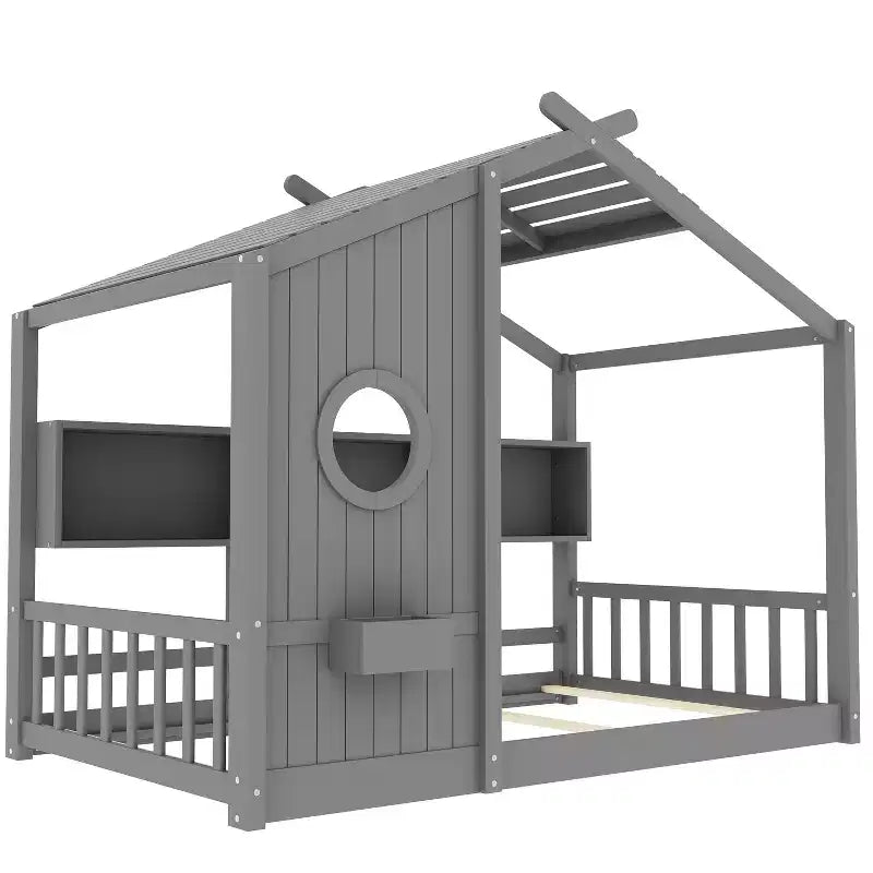 Hausbett mit Plattformrahmen in Twin-/Full-Size, Kleinkind-Bodenbett, Montessori-Kinderbett und Spielhausbett mit Ablage – ModernLuxe