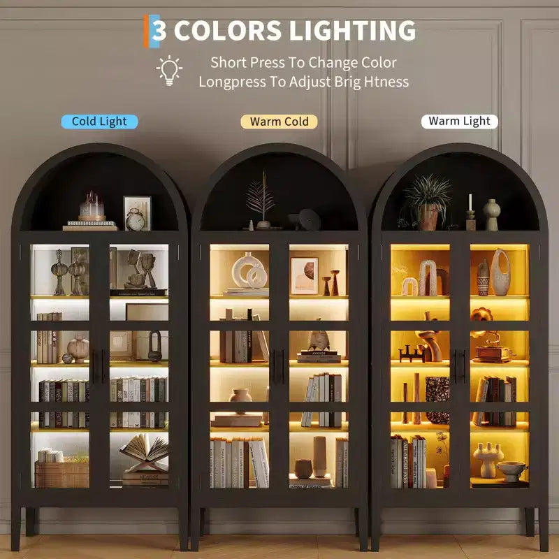 Armário de arrumação preto/branco, estilo arqueado, individual, com 71 de altura, luzes LED e portas de vidro