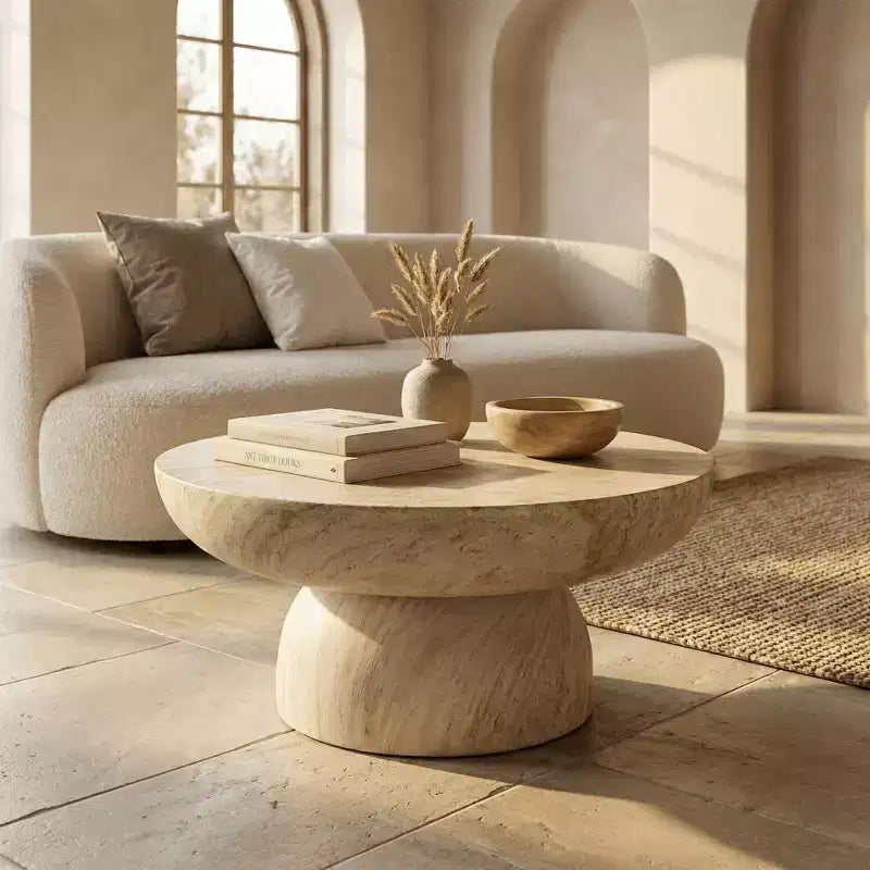 LeisureMod Lunexa runder Couchtisch, Fiberstone-Säulentisch als Akzenttisch für den Innen- und Außenbereich, skulpturales Design mit rutschfesten Fußpads