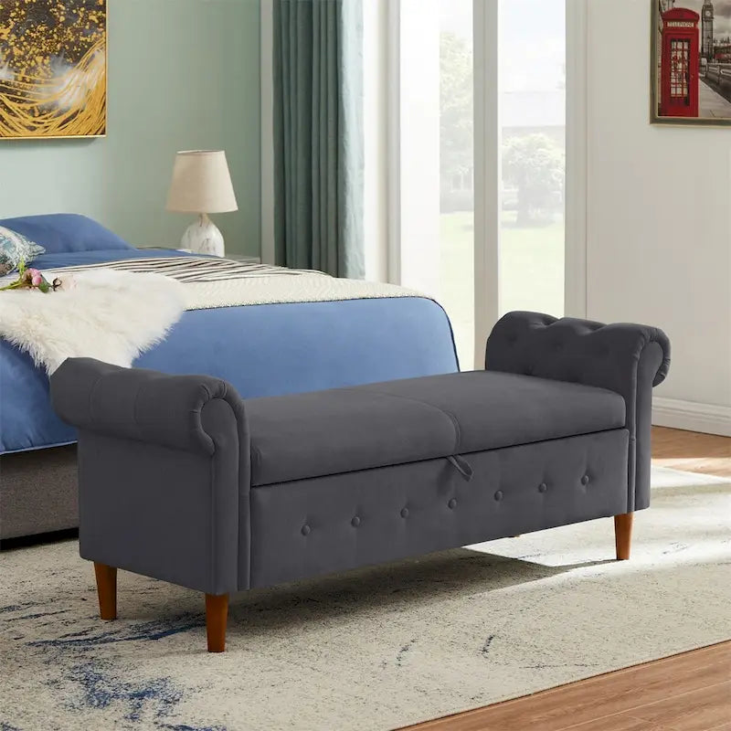 Panca contenitore per camera da letto, per fondo letto, con braccioli arrotondati, rivestita in velluto, pouf-divano lungo