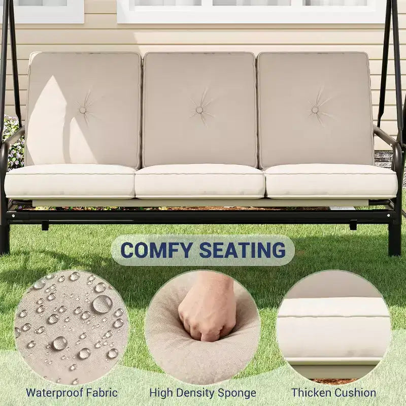 Altalena da esterno convertibile 2-in-1 a 3 posti con tettuccio regolabile, letto-altalena da patio con supporto, cuscini spessi e portabicchieri, per cortile, giardino e veranda
