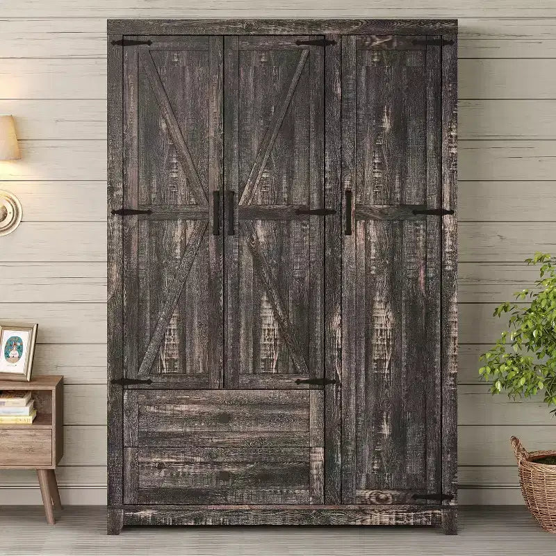Armário de roupa estilo quinta AMERLIFE de 47 com 3 portas, 2 gavetas, varão para cabides e prateleiras ajustáveis, organizador de roupeiro independente