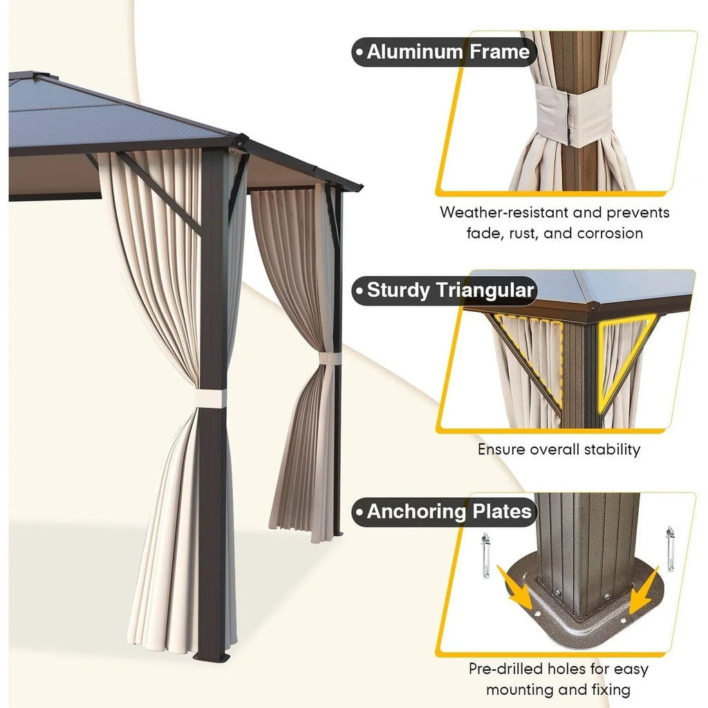 EROMMY prieel met hard dak, pergola voor buiten met dubbel dak, netten en gordijnen, robuuste overkapping voor terras, achtertuin en zwembadfeestjes