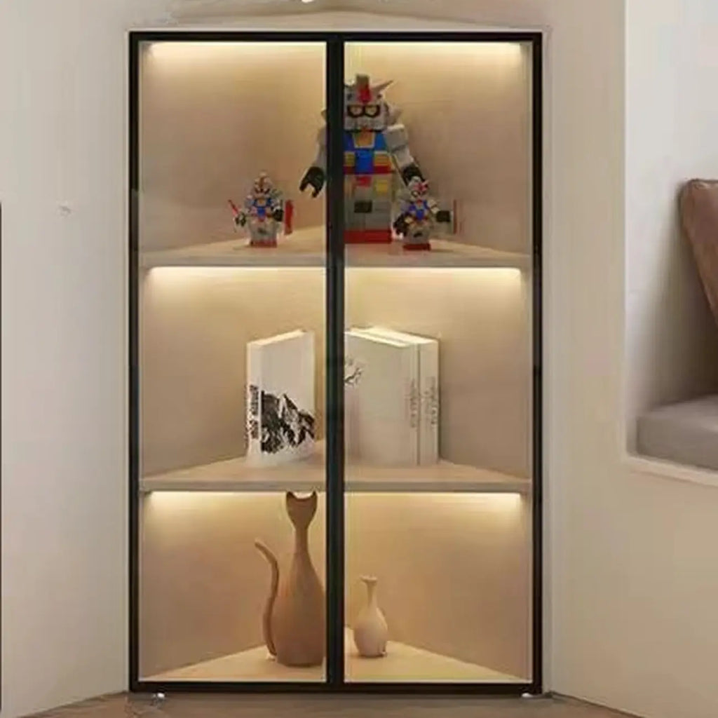 Vitrine de canto moderna em metal e madeira cinzenta com porta de vidro