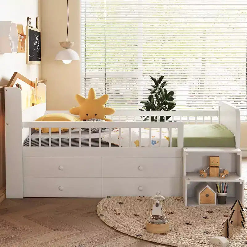 Whisen niedriges Hochbett für eine Einzelmatratze mit LED-Beleuchtung, Kopfteil in Hausform und Staubladen, robuste Konstruktion