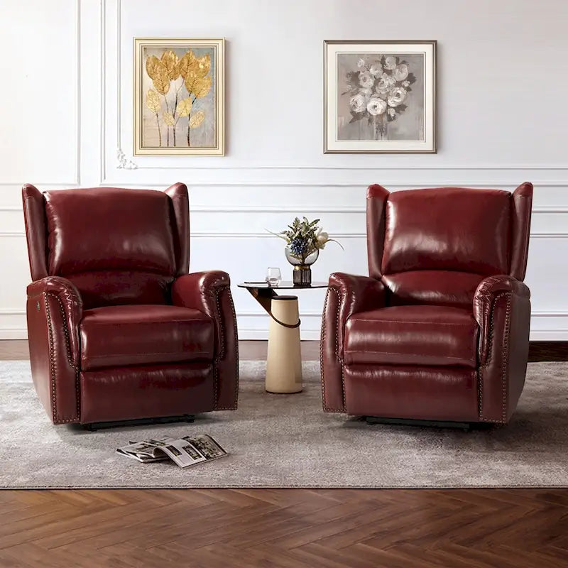 Genuine Leather Power Recliner with USB Port â€?Wingback Nailhead Set of 2