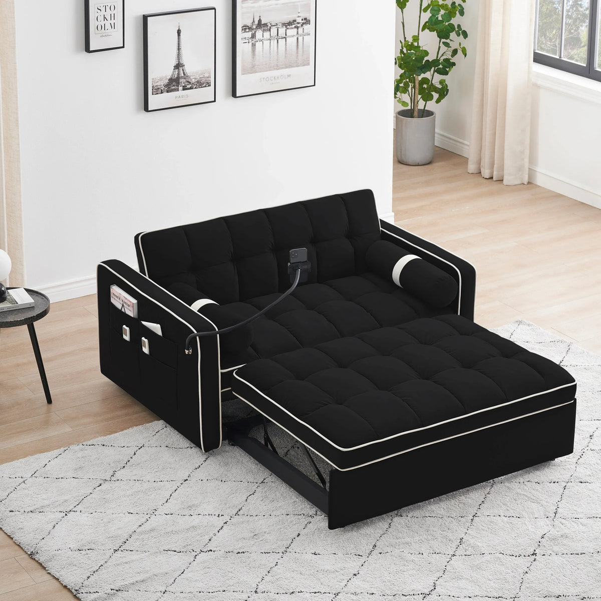 Aksamitna rozkładana sofa dwuosobowa 55'' z funkcją spania, regulowanym oparciem, kieszeniami bocznymi i uchwytem na telefon