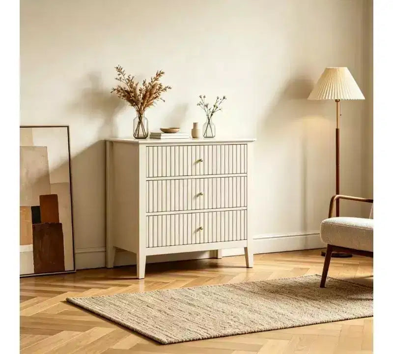 Cómoda Heynemo com 3 gavetas, mesa de cabeceira em madeira pintada com 30 polegadas de altura e arrumação, cómoda larga e moderna com corrediças de esferas