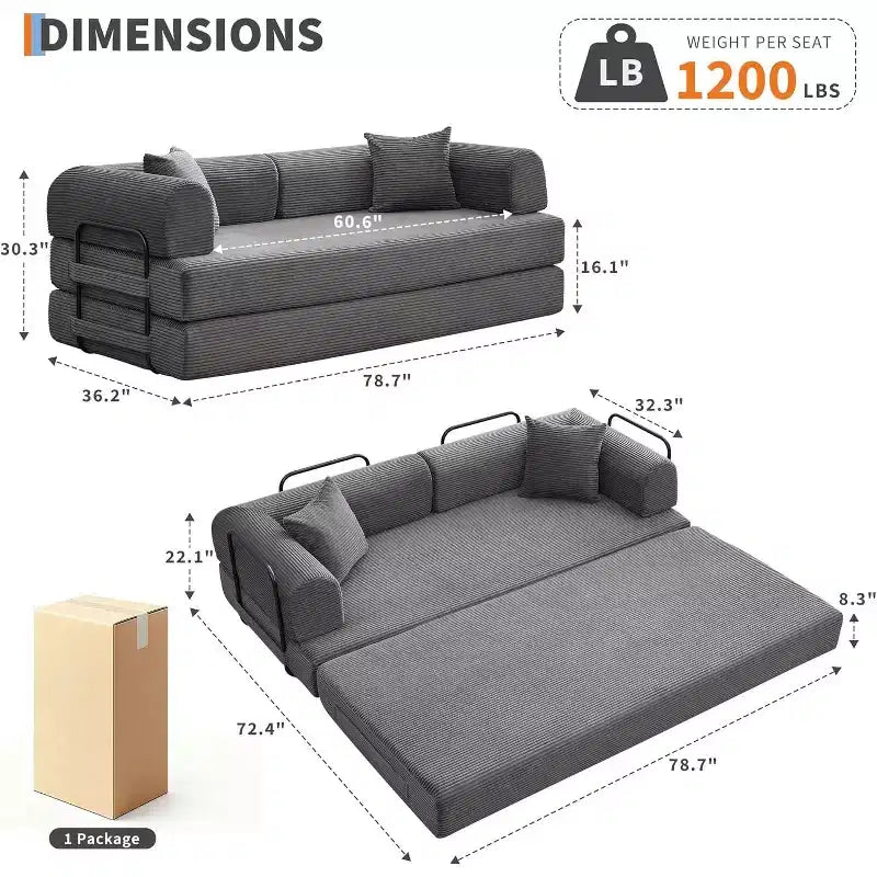Rozkładana sofa 2 w 1, wygodna składana kanapa sztruksowa z głębokim siedziskiem i szerokimi podłokietnikami, sofa bezstelażowa, do salonu, mieszkań