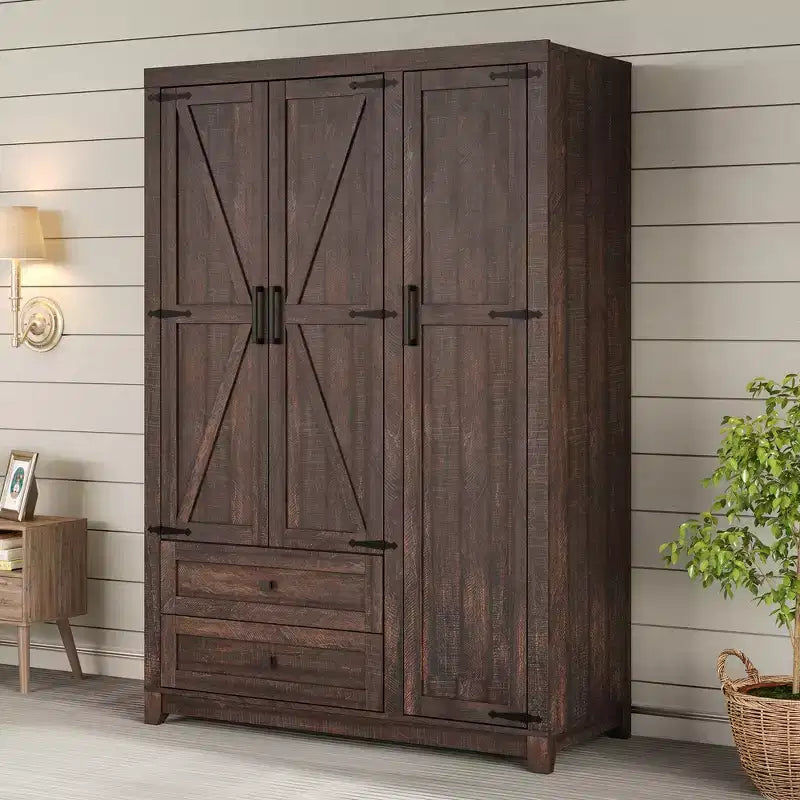 Armário de roupa estilo quinta AMERLIFE de 47 com 3 portas, 2 gavetas, varão para cabides e prateleiras ajustáveis, organizador de roupeiro independente