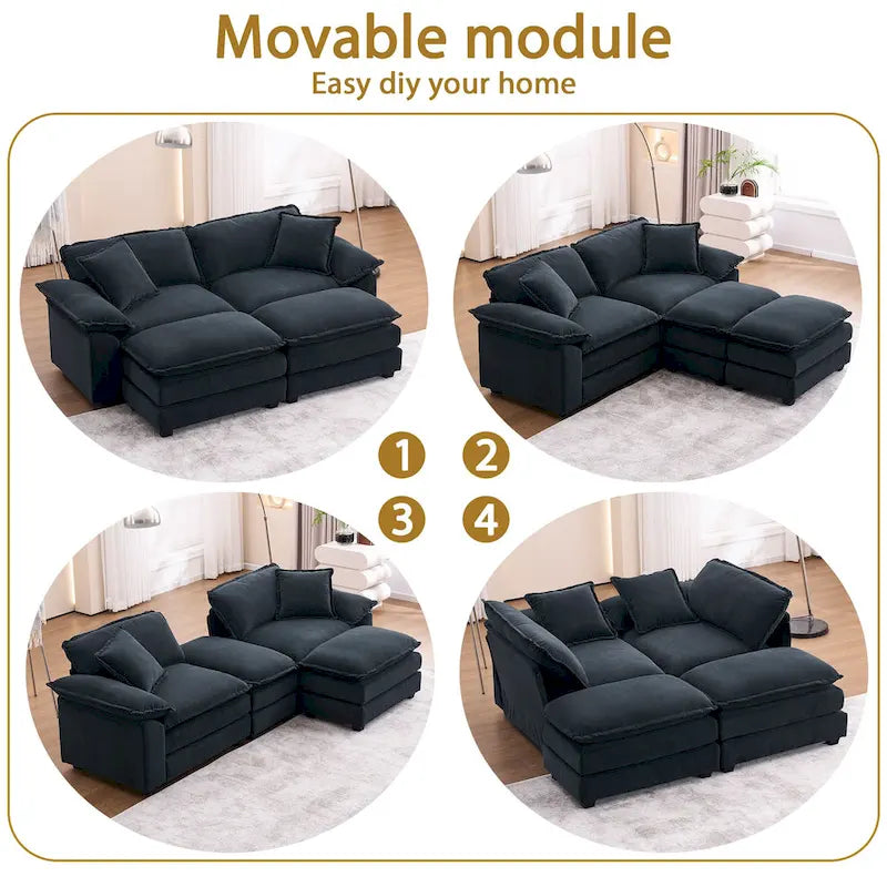 Zweisitzer-Sofa mit 2 Sitzkissen, 2 Kissen und 2 Hockern, bequemes Sofa – tiefes Wohnzimmer-Sofa, modulares Sofa