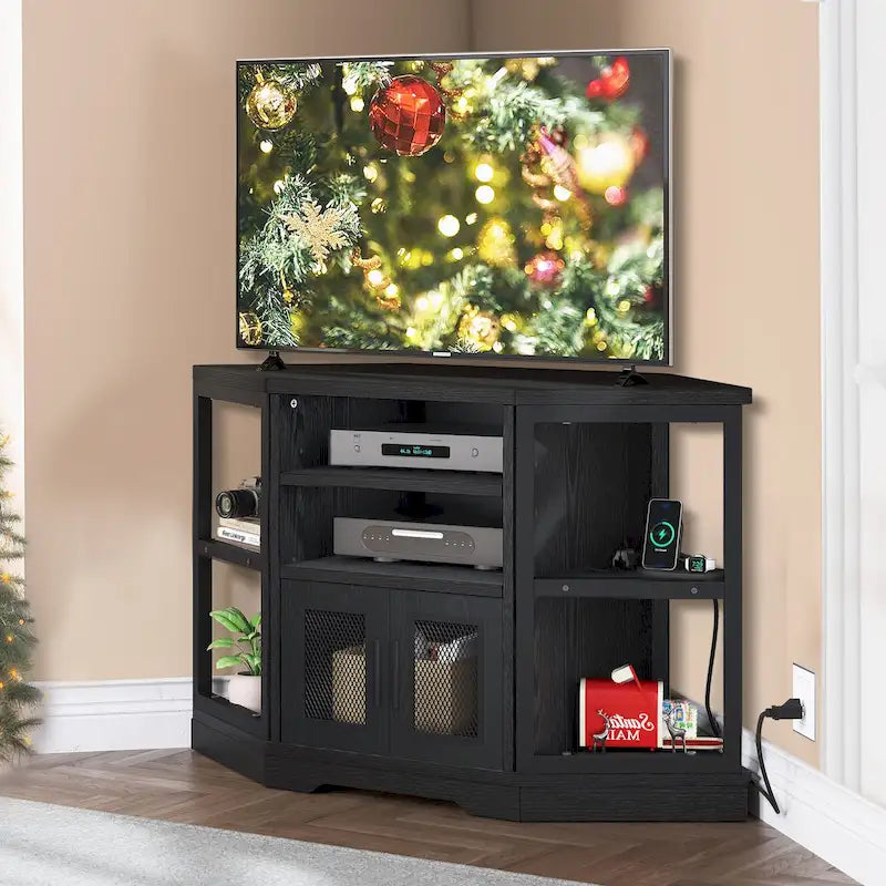 Eck-TV-Ständer im Landhausstil, Entertainment-Center und Medienkonsole für Fernseher bis 55 Zoll mit Steckdose