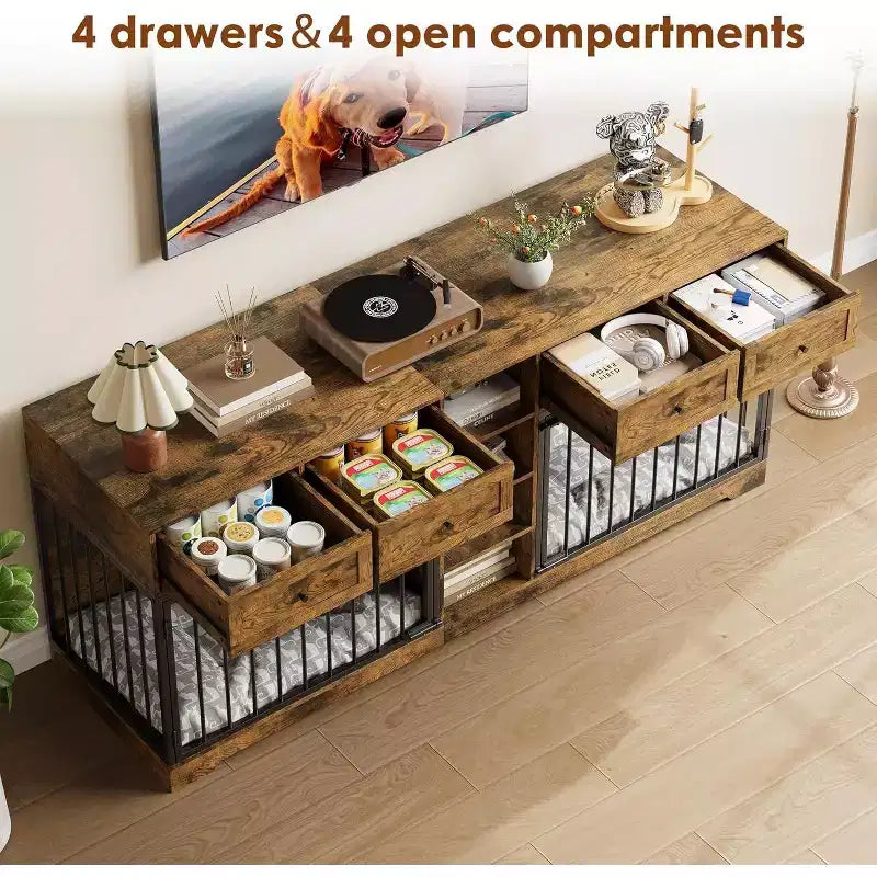 82-delige dubbele hondenbench, grote binnenkennel voor 2 honden, robuuste houten hondenbench en tv-meubel met 4 laden en planken