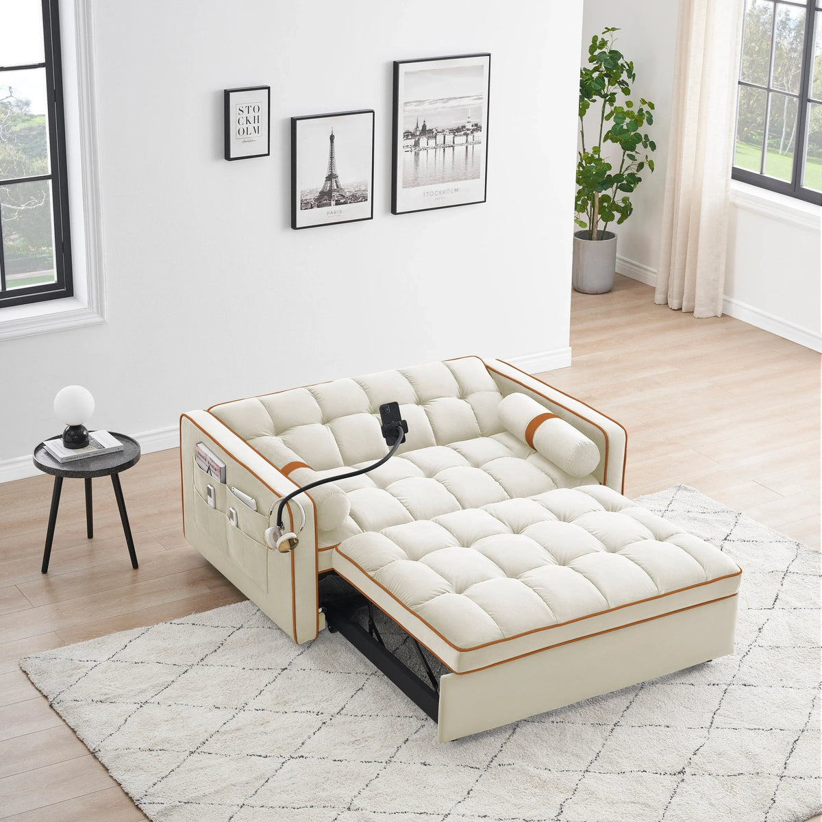 Aksamitna rozkładana sofa dwuosobowa 55'' z funkcją spania, regulowanym oparciem, kieszeniami bocznymi i uchwytem na telefon