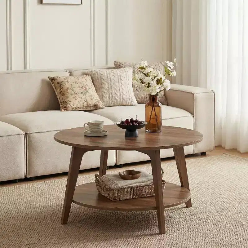 Runder Couchtisch in Honigbraun mit 2 Ablageebenen, 31,5 x 17,7 Zoll, ideal für das Wohnzimmer