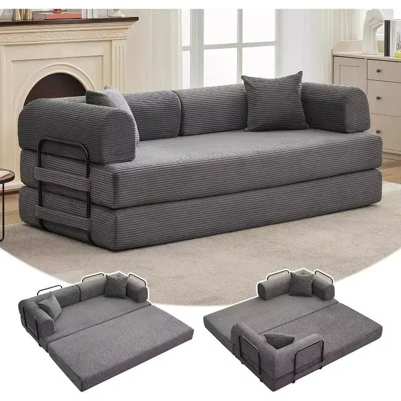 Rozkładana sofa 2 w 1, wygodna składana kanapa sztruksowa z głębokim siedziskiem i szerokimi podłokietnikami, sofa bezstelażowa, do salonu, mieszkań