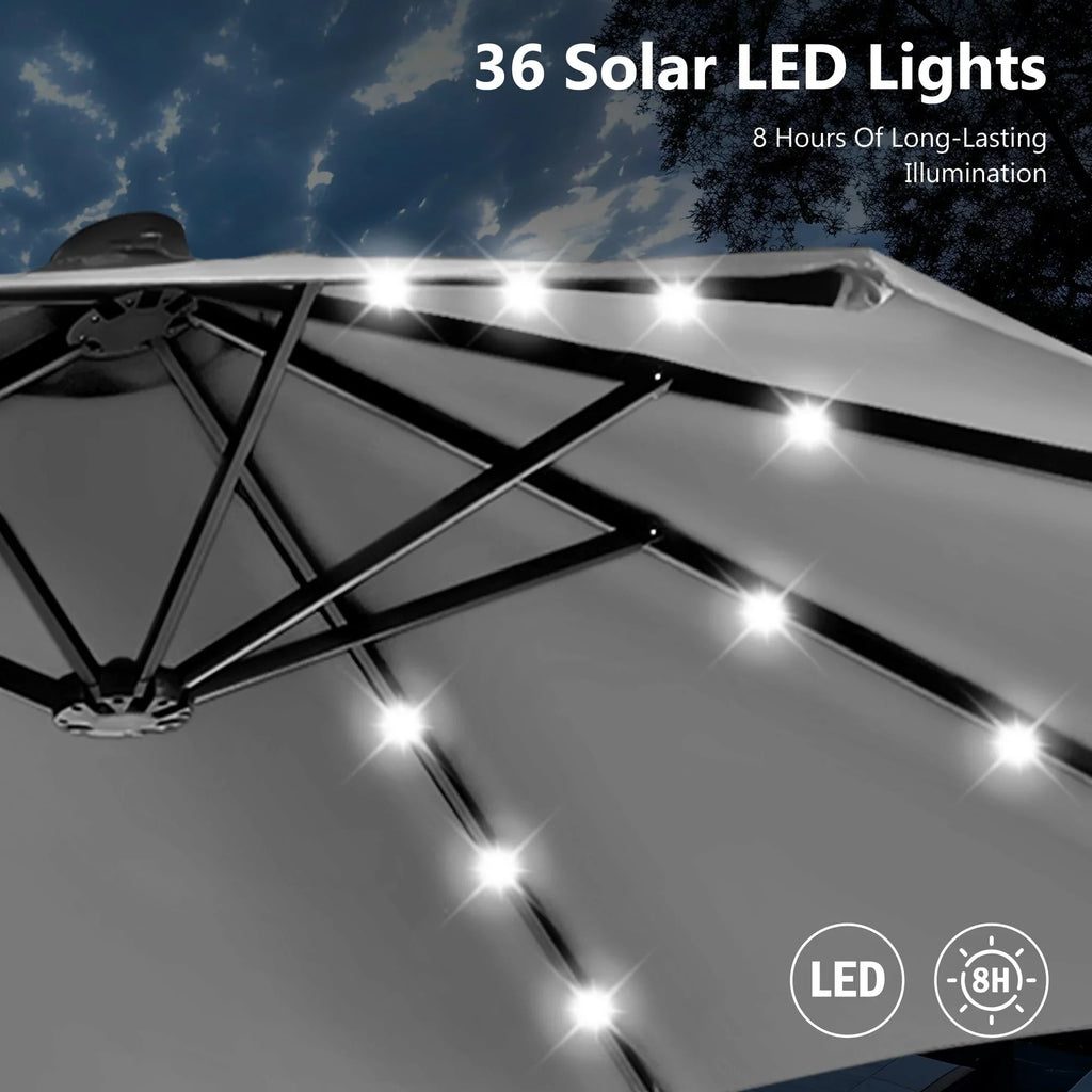 MAISON ARTS 15-Fuß-rechteckiger Outdoor-Marktschirm mit Kurbel, doppelseitiger Bespannung und solarbetriebenen LED-Leuchten, inklusive Standfuß