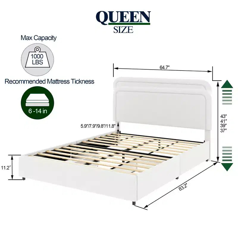 Modernes gepolstertes Bouclé-Bett in Queen-Size mit Stauraumschubladen