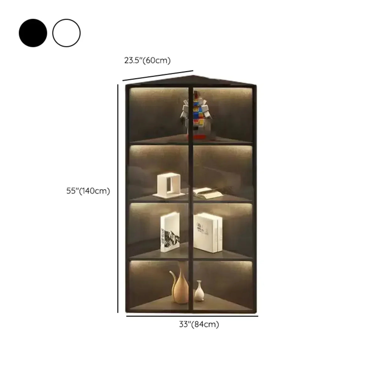Vitrine de canto moderna em metal e madeira cinzenta com porta de vidro