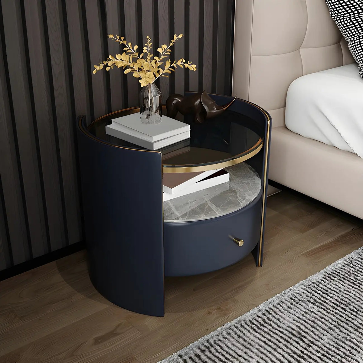 Luxury Glass Top Nightstand with Drawer Storage and Open Cubby
