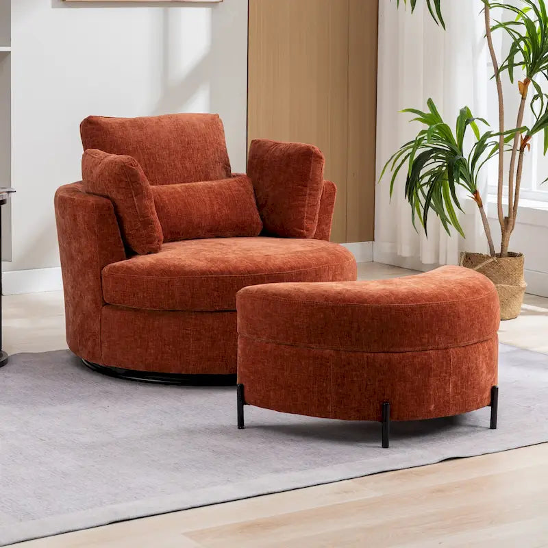 42.3W Upholstered Swivel Accent Chair with 4 Pillows and Half-Moon Storage Ottoman