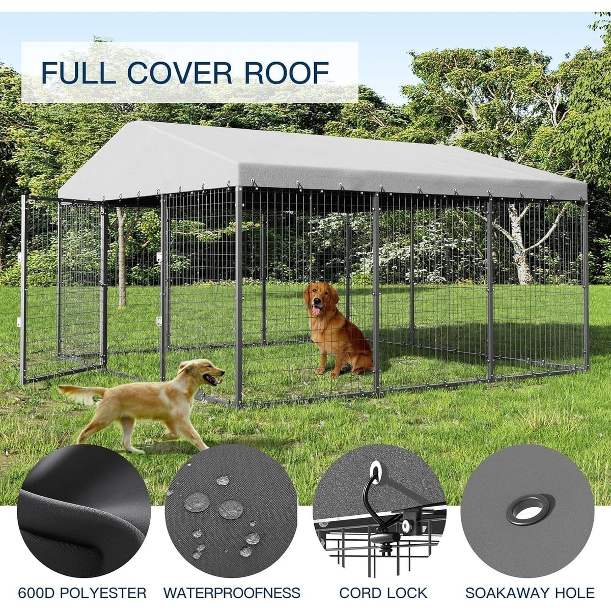 W 118 x D 118 x H 70 Large Outdoor Dog Kennel,Heavy Duty Dog Cage Enclosure with Waterproof Roof