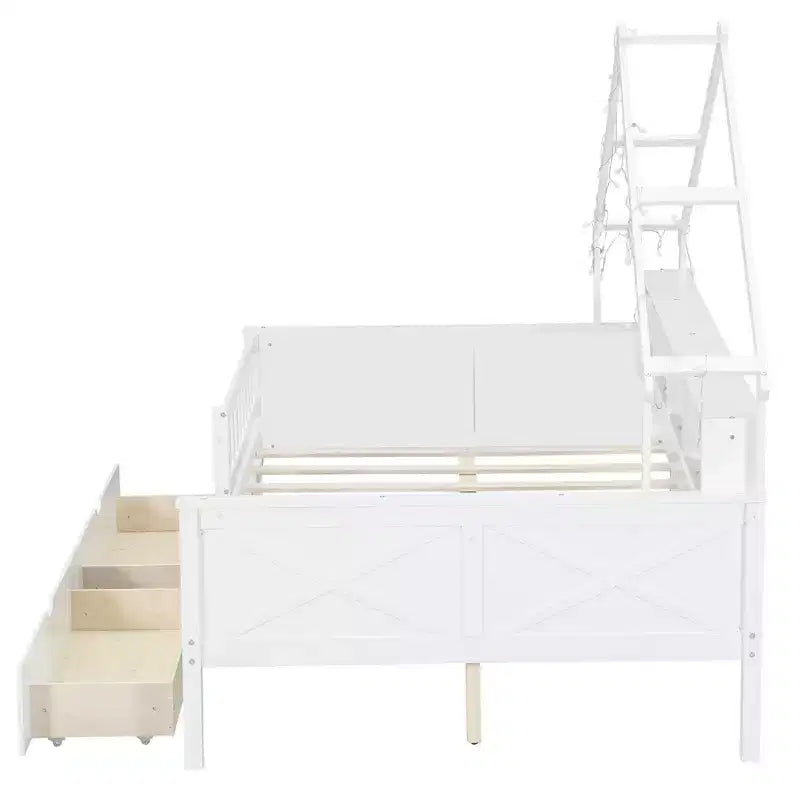 Huisbedframe voor een tweepersoonsbed met laden, huisplatformbed met ledverlichting, opbergplanken en laden, houten dagbed met dak en veiligheidshekje