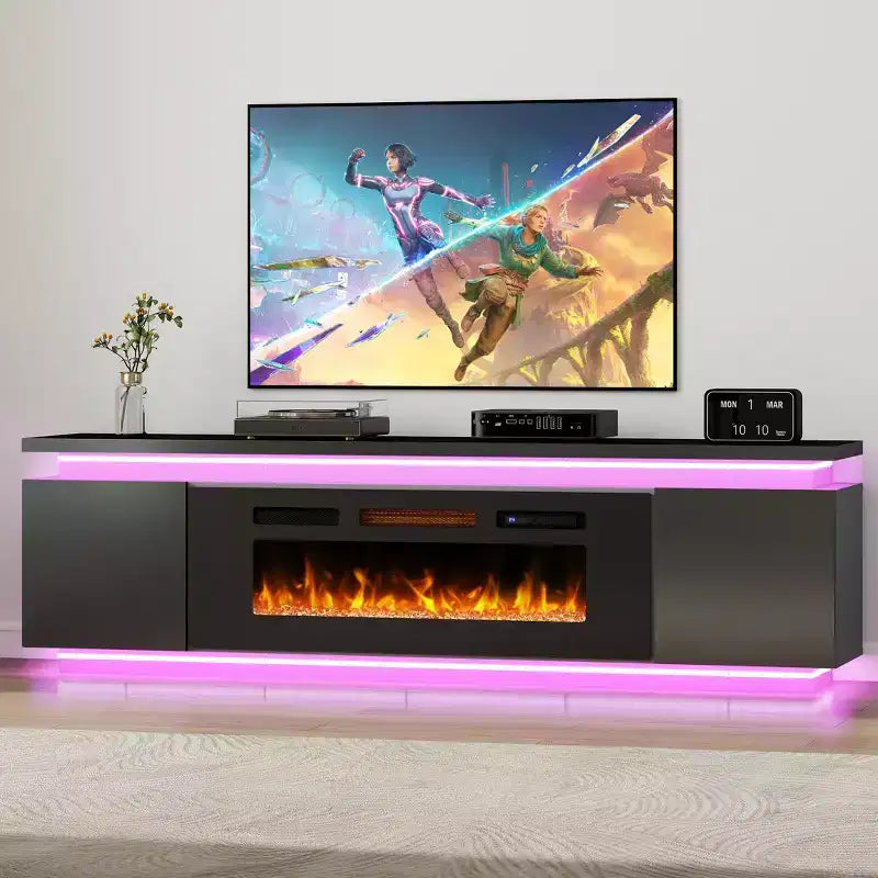 Elektrický krbový TV stolek Skyzoo pro televizory až do 80 palců s LED osvětlením a 4 síťovými zásuvkami, TV konzole do obývacího pokoje