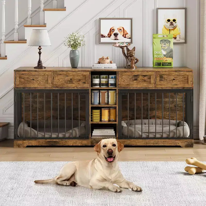 82-delige dubbele hondenbench, grote binnenkennel voor 2 honden, robuuste houten hondenbench en tv-meubel met 4 laden en planken