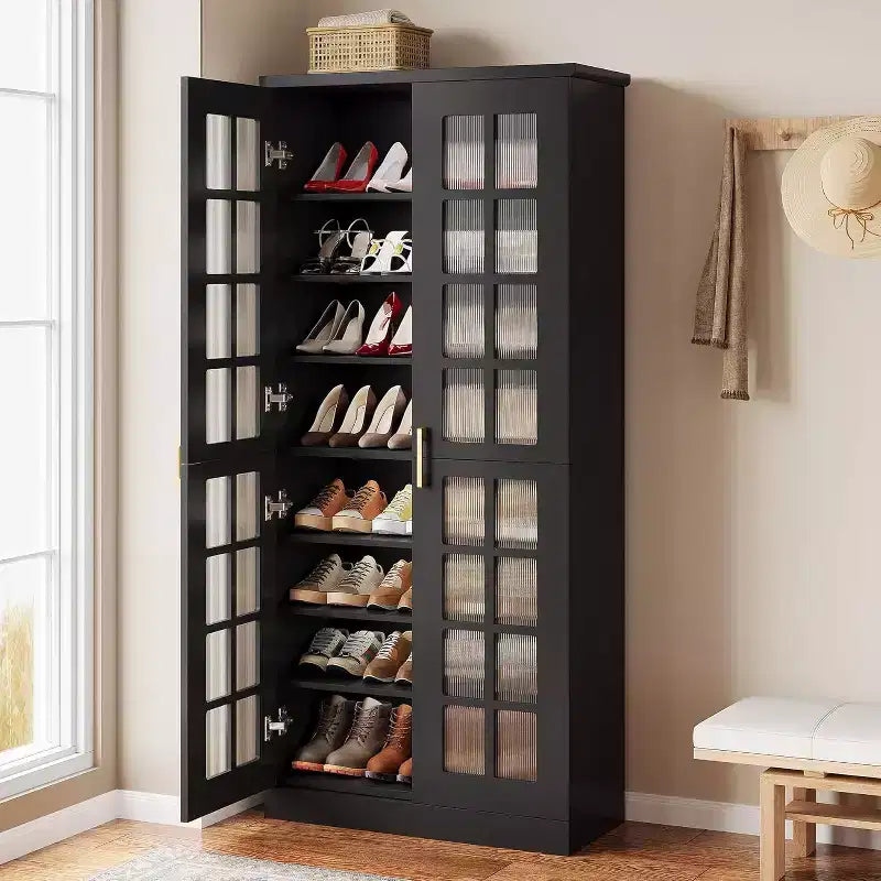 Lantine Wysoka szafka na buty z drzwiczkami, 8-poziomowy organizer na obuwie z regulowanymi półkami, nowoczesna szafka na buty do przedpokoju, garderoby lub salonu, biała