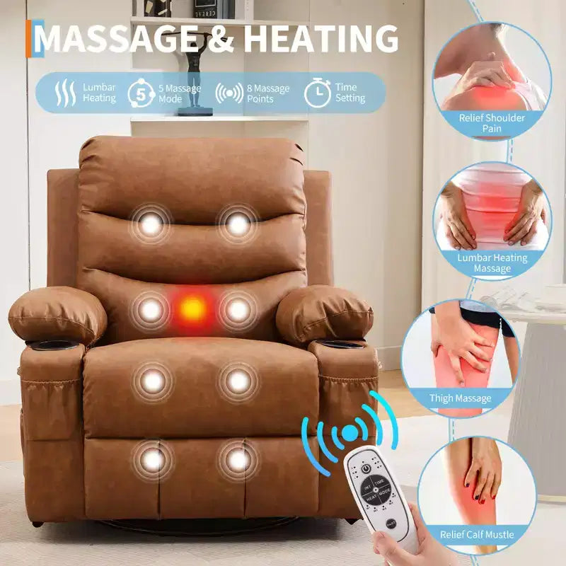 Fauteuil inclinable à bascule pivotant à 360° grand format avec massage et chauffage – fauteuil lounge ergonomique avec porte-gobelets et poches latérales pour le salon ou la chambre d’enfant