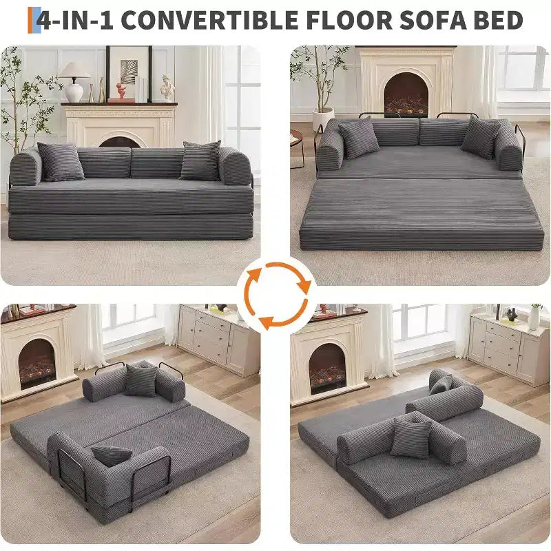 Rozkładana sofa 2 w 1, wygodna składana kanapa sztruksowa z głębokim siedziskiem i szerokimi podłokietnikami, sofa bezstelażowa, do salonu, mieszkań
