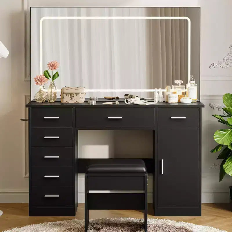 Modern make-upbureau met grote spiegel, 7 laden, ledverlichting, stoel, 3 lichtstanden, houder voor föhn en oplaadstation voor de slaapkamer